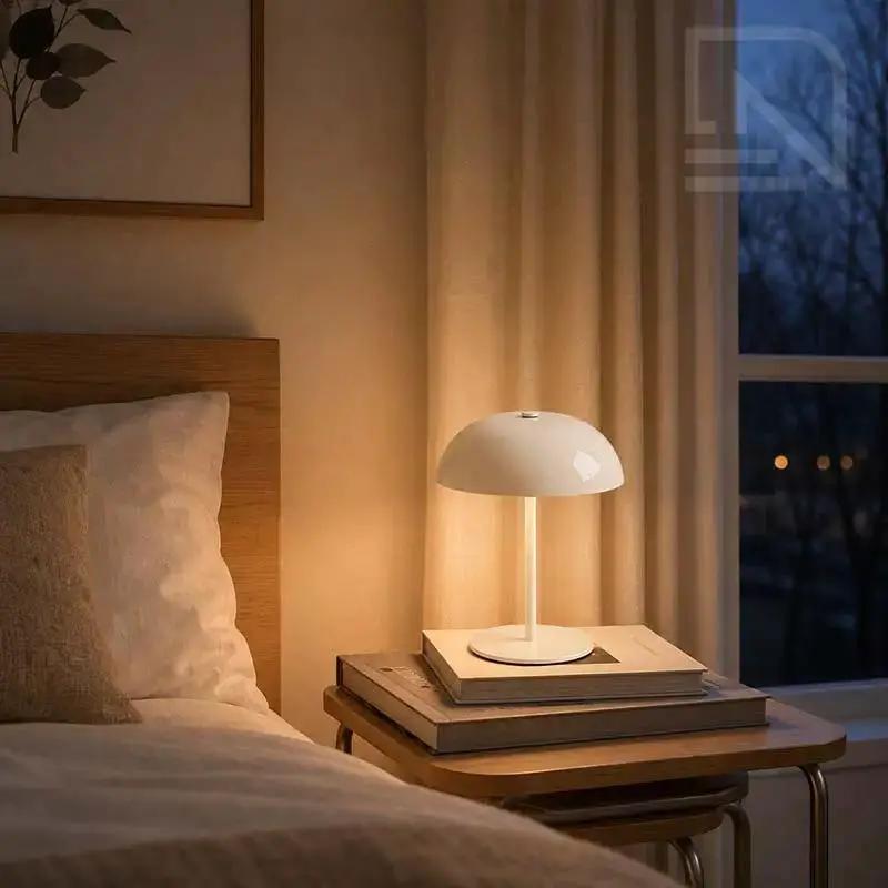 White cordless rechargeable mushroom table lamp on bedside table with soft warm ambient bedroom lighting