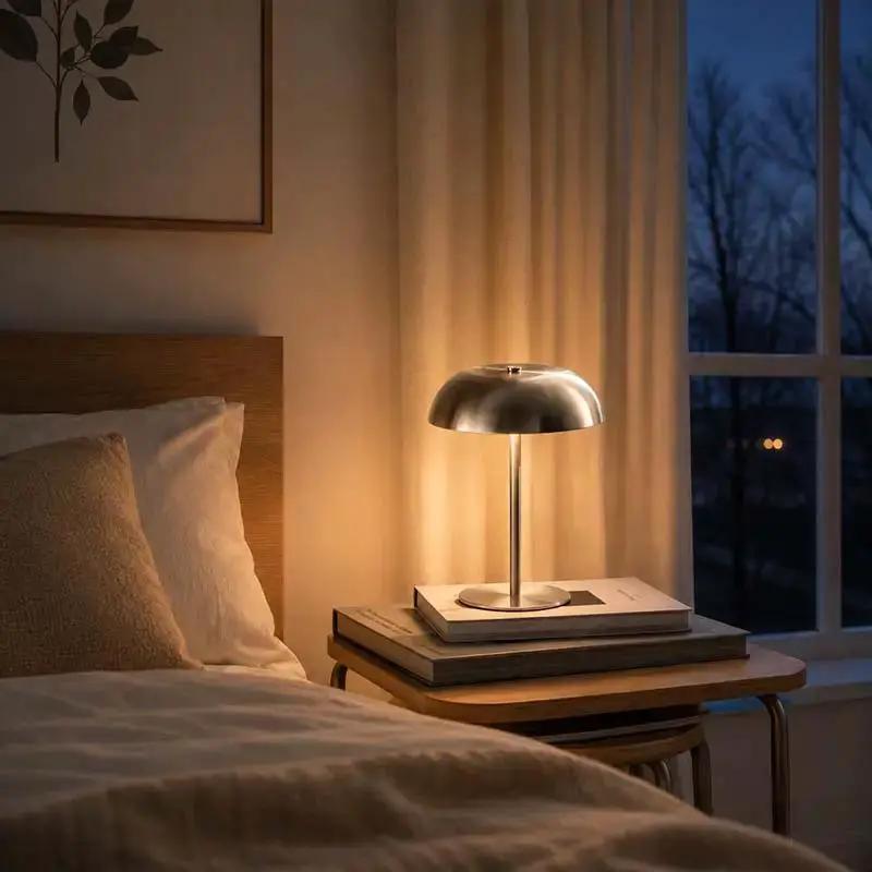 Brass cordless mushroom table lamp illuminating a modern bedside table with warm Nordic ambient lighting