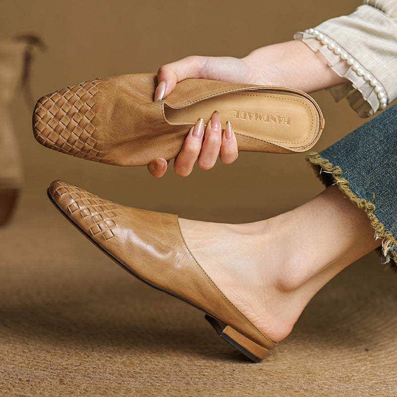 Mules Femme en Cuir Véritable à Dessus Tressé