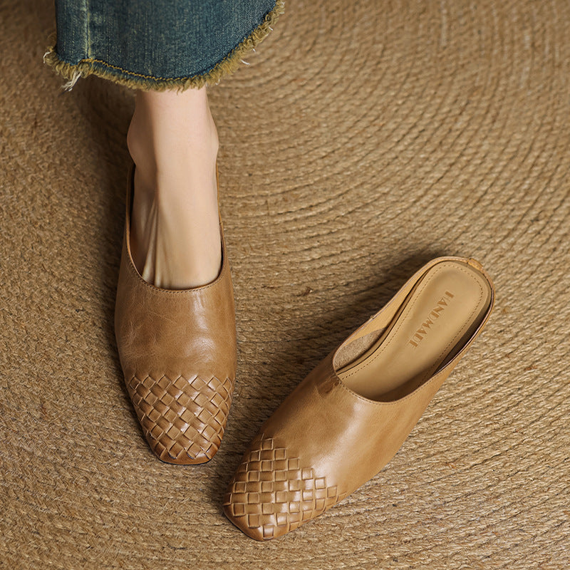 Mules Femme en Cuir Véritable à Dessus Tressé