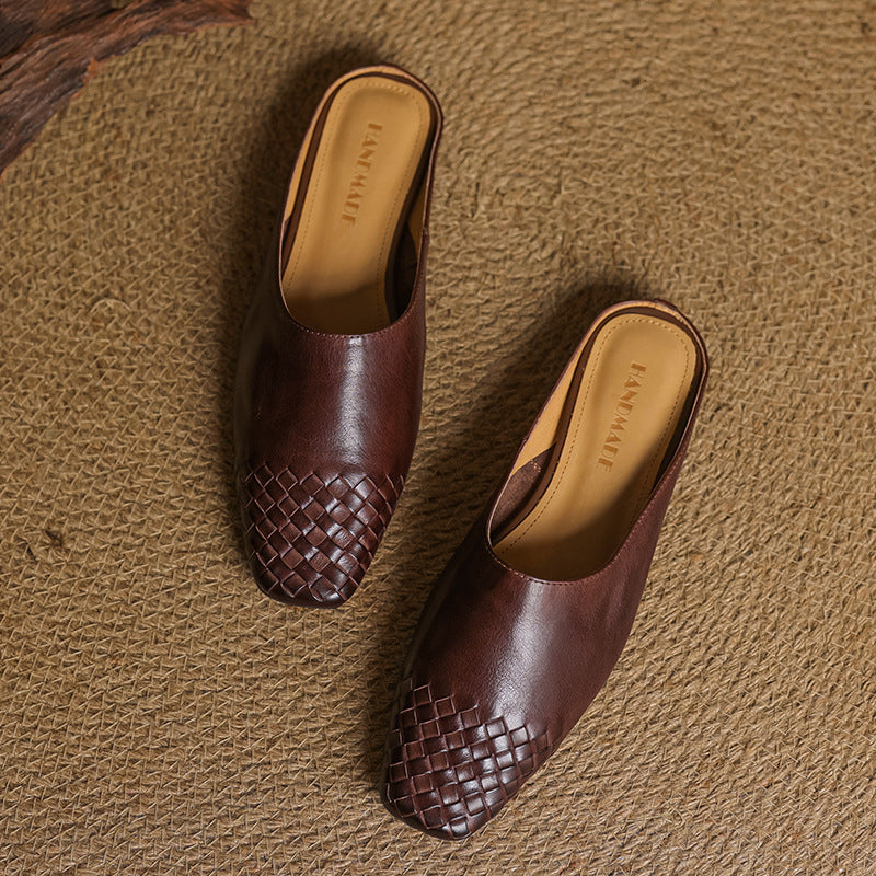Mules Femme en Cuir Véritable à Dessus Tressé