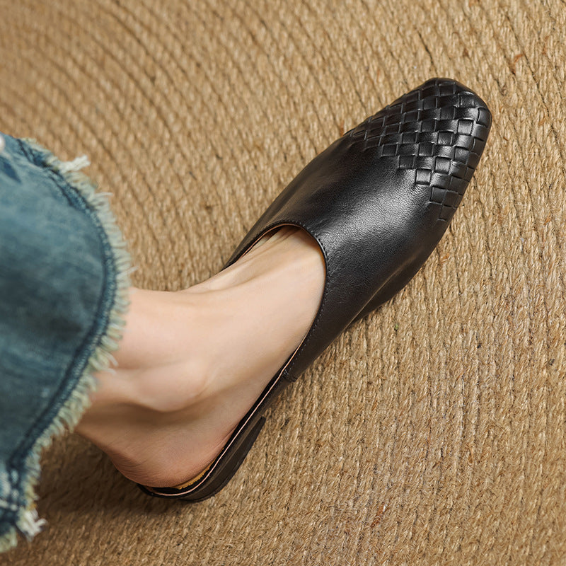 Mules Femme en Cuir Véritable à Dessus Tressé