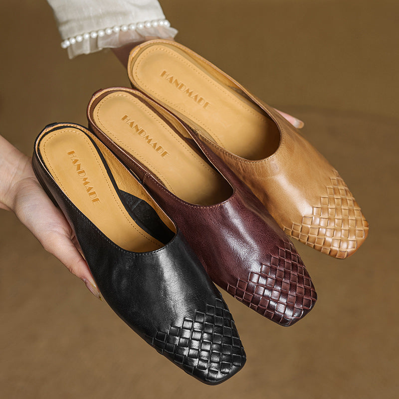 Mules Femme en Cuir Véritable à Dessus Tressé
