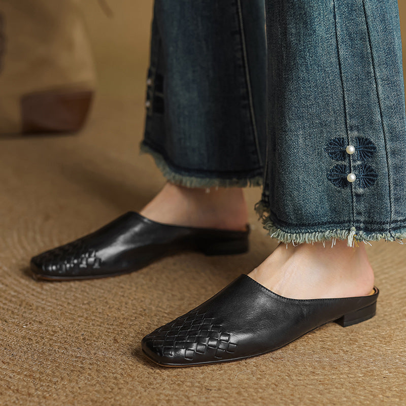 Mules Femme en Cuir Véritable à Dessus Tressé