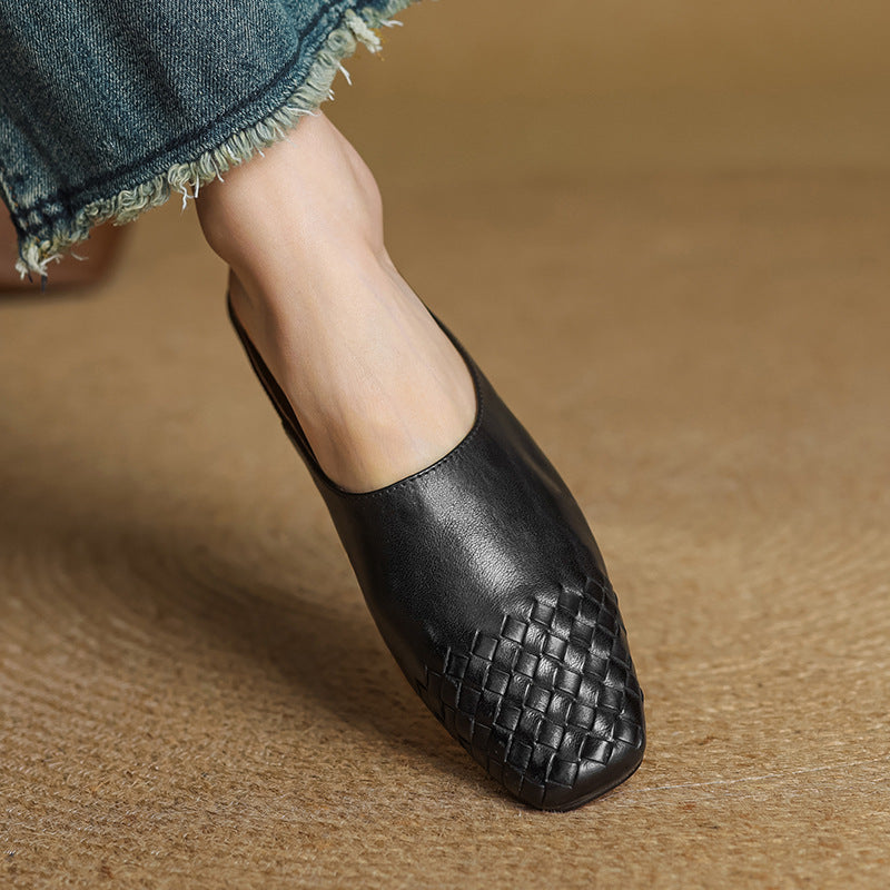 Mules Femme en Cuir Véritable à Dessus Tressé