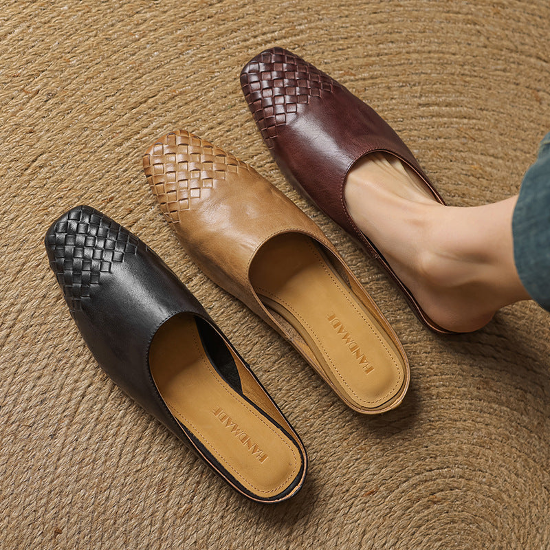 Mules Femme en Cuir Véritable à Dessus Tressé
