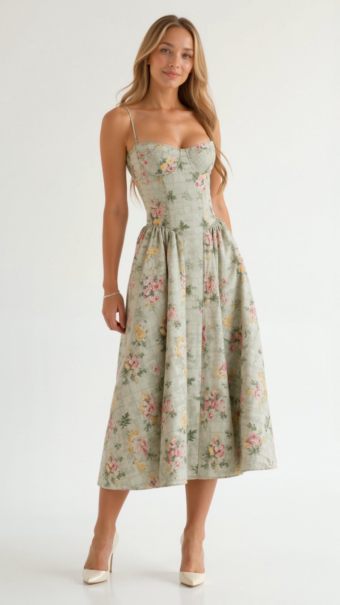 Robe Midi Femme Fleurie Col Cœur à Bretelles Fines