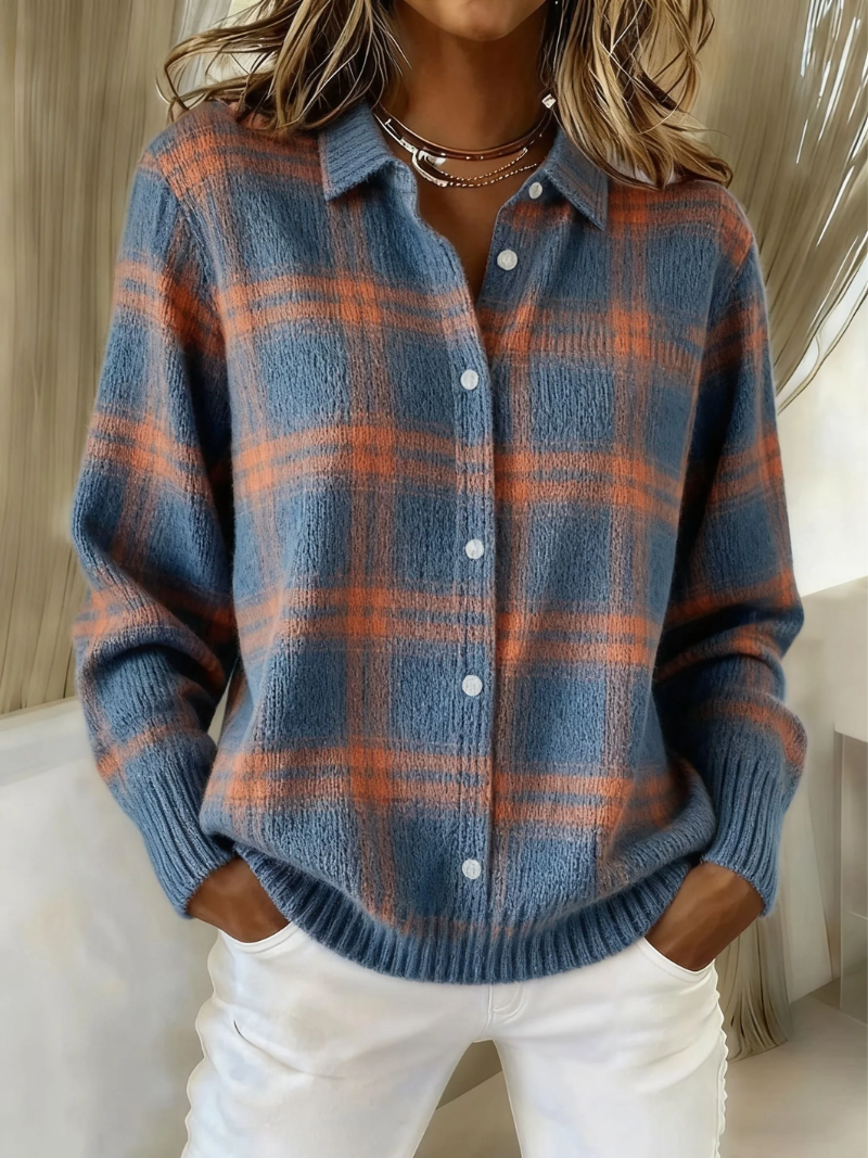 Chemisier Femme Tricoté à Carreaux – Mélange de Laine Bleu et Rouille