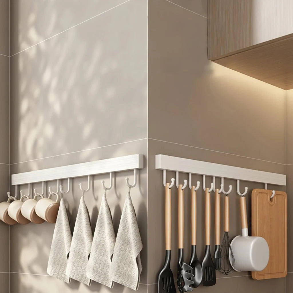 Wall-Mounted Hook Organizer – Stainless Steel, Space-Saving Design for Cutting Boards and Kitchen Utensils