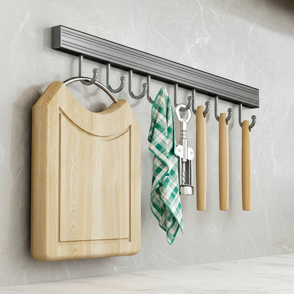Wall-Mounted Hook Organizer – Stainless Steel, Space-Saving Design for Cutting Boards and Kitchen Utensils