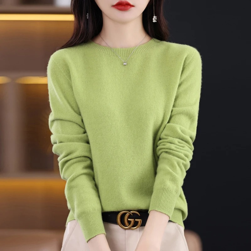 Pull Femme en Cachemire Col Rond, Tricot Côtelé Léger Manches Longues