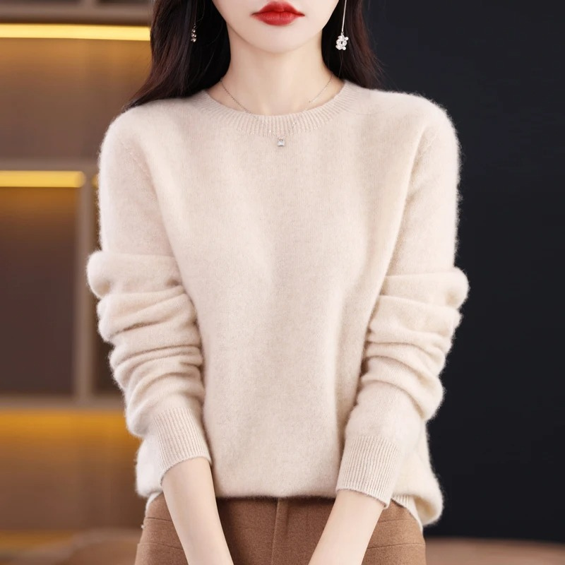 Pull Femme en Cachemire Col Rond, Tricot Côtelé Léger Manches Longues