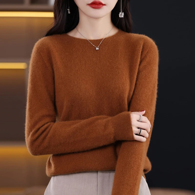 Pull Femme en Cachemire Col Rond, Tricot Côtelé Léger Manches Longues