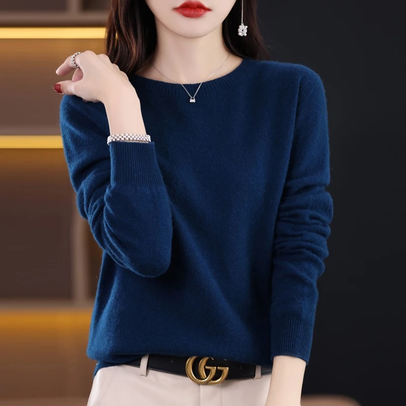 Pull Femme en Cachemire Col Rond, Tricot Côtelé Léger Manches Longues