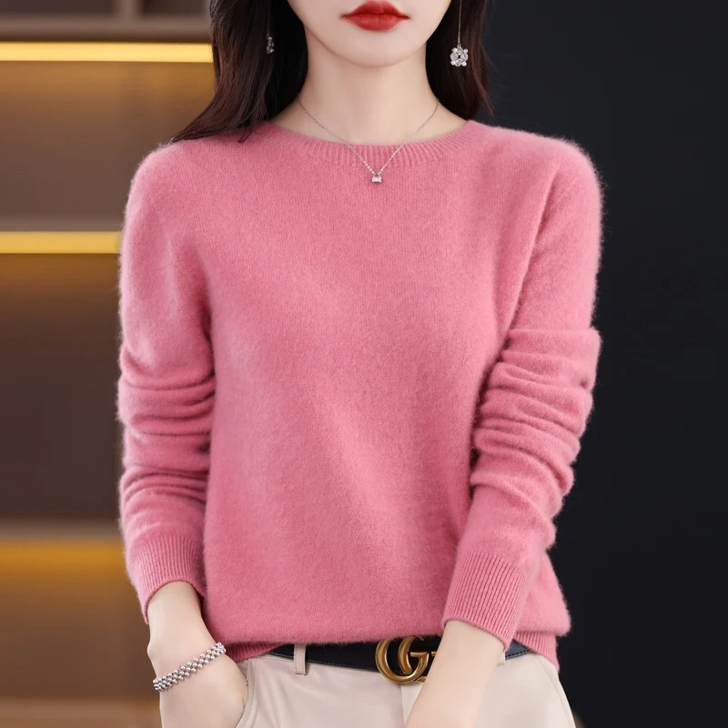 Pull Femme en Cachemire Col Rond, Tricot Côtelé Léger Manches Longues