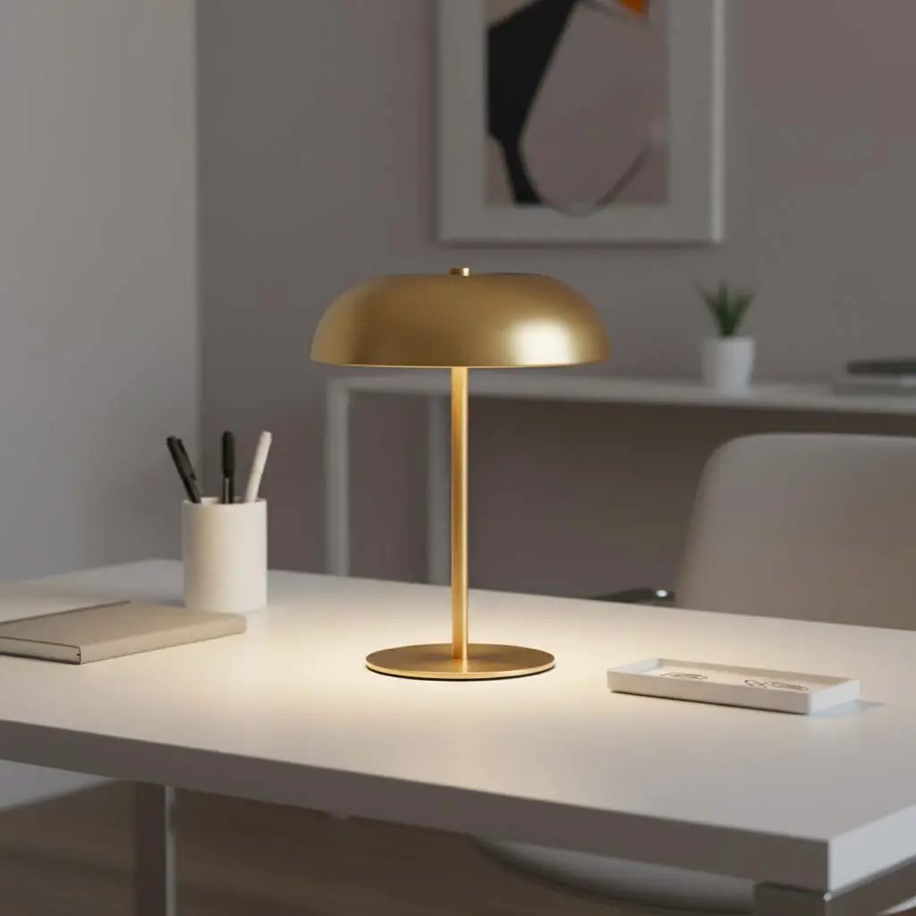 A modern table lamp with a brushed gold dome shade and matching circular base, styled on a white desk in a minimalist home office setting.