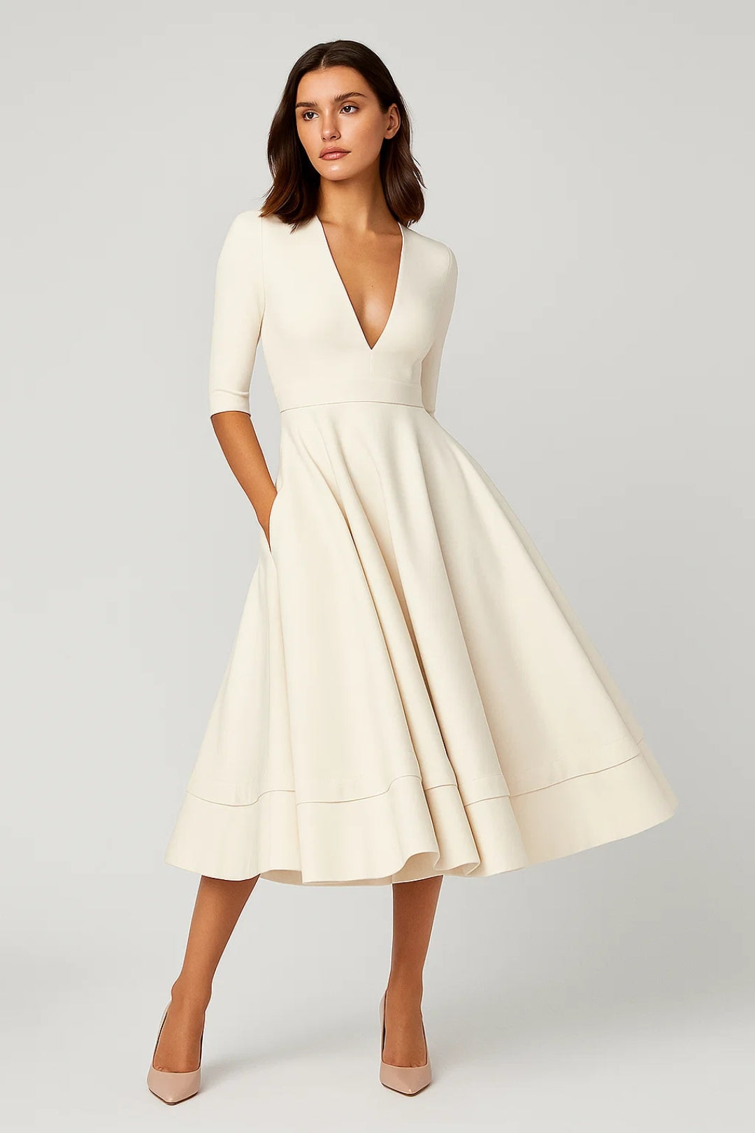Robe Femme Midi Évasée Col V - Silhouette Fluide Mi-Saison