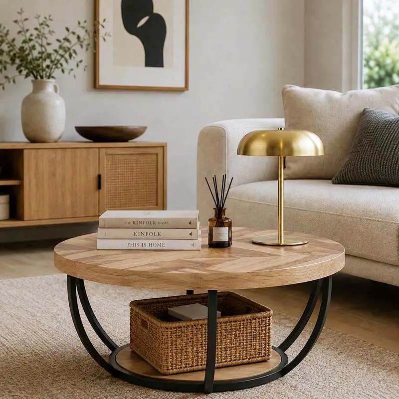A round wooden coffee table with a black metal curved base in a styled living room. The table is styled with three books, a small amber reed diffuser, and a brass table lamp.