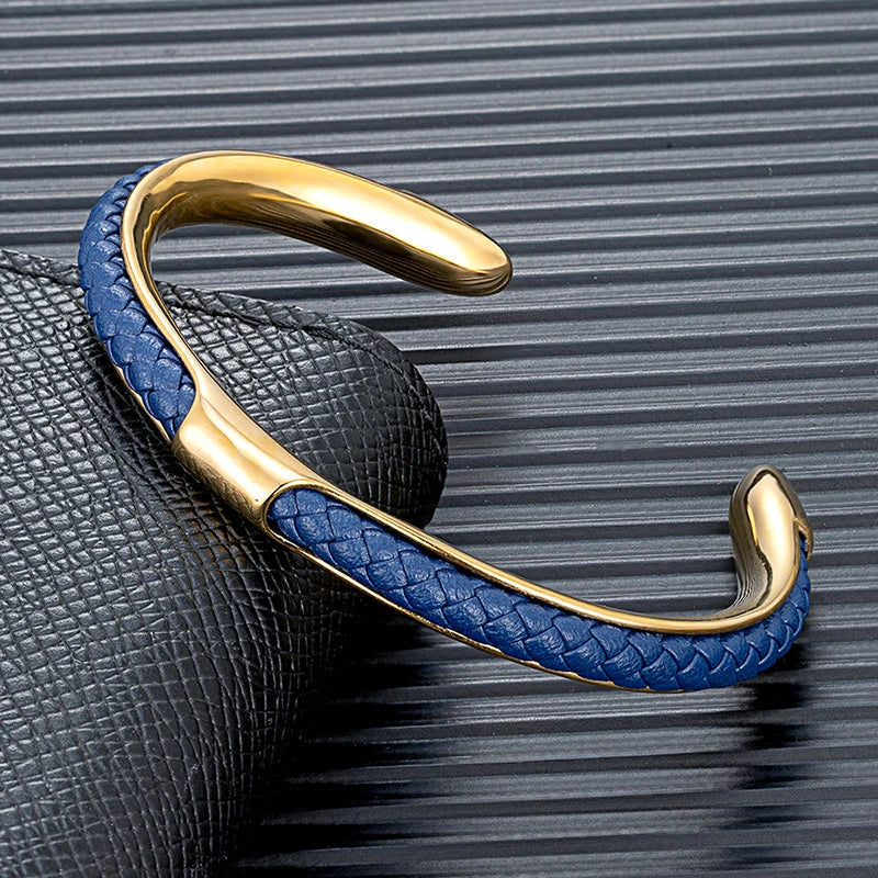 Bracelet Homme Manchette Acier Inoxydable et Cuir Tressé