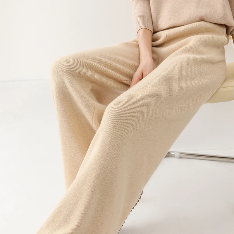 Pantalon Femme Taille Haute Jambe Large en Laine Mérinos