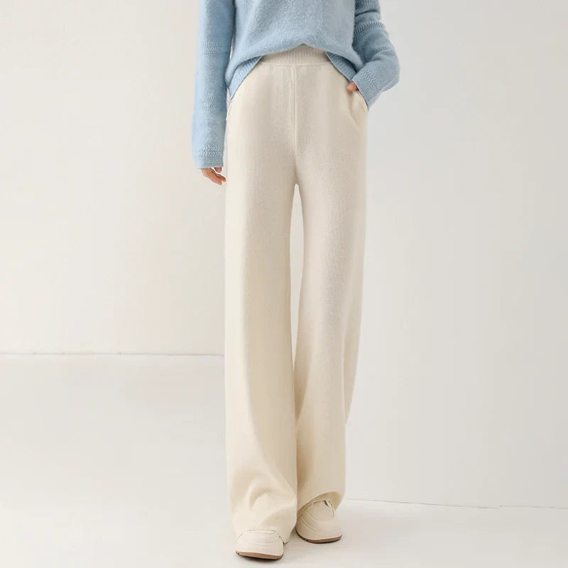 Pantalon Femme Taille Haute Jambe Large en Laine Mérinos