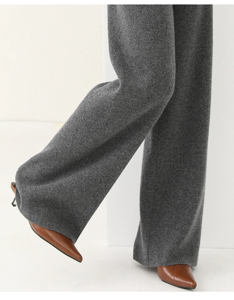 Pantalon Femme Taille Haute Jambe Large en Laine Mérinos