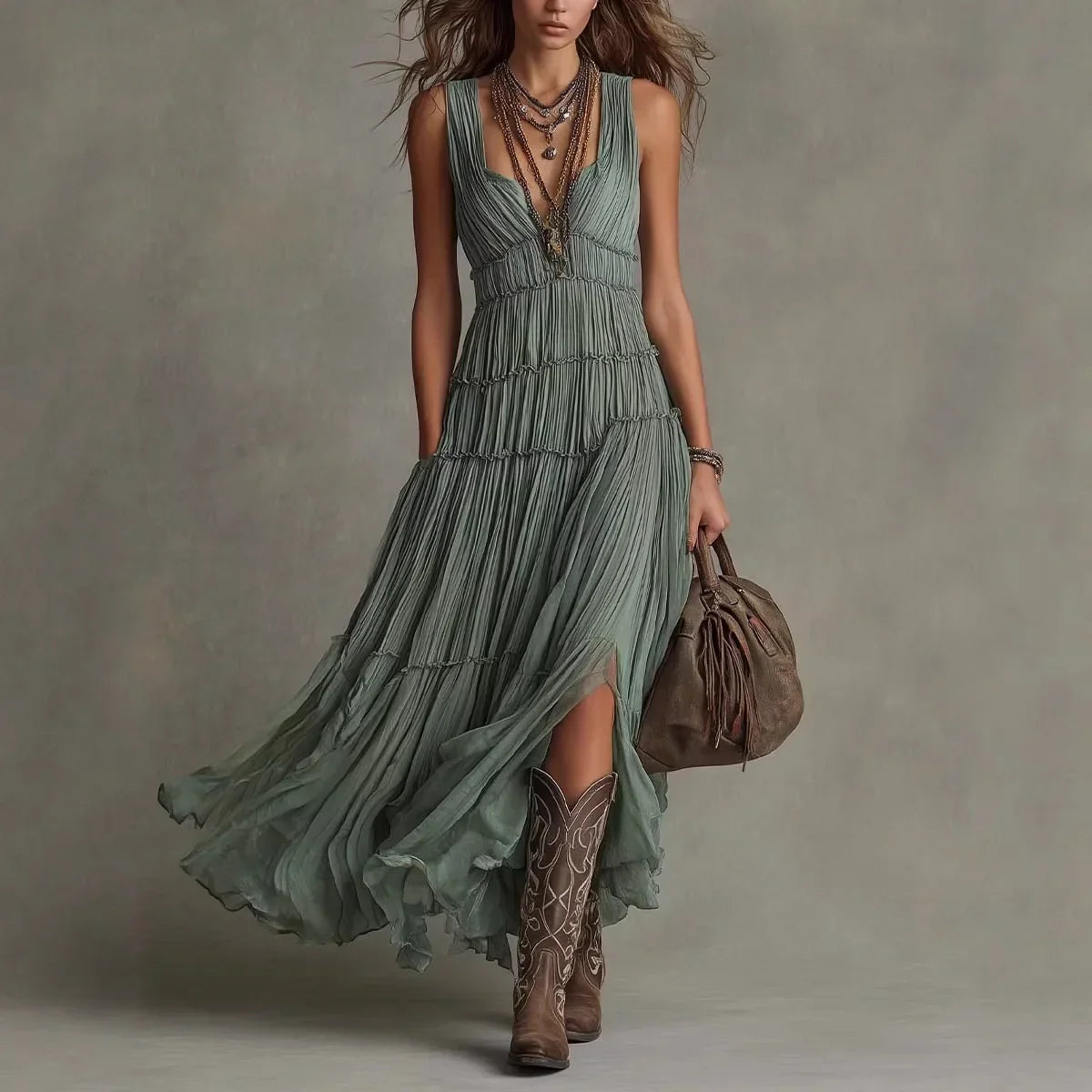 Seraphel | Women's Tiered Boho V-Neck Maxi Dress