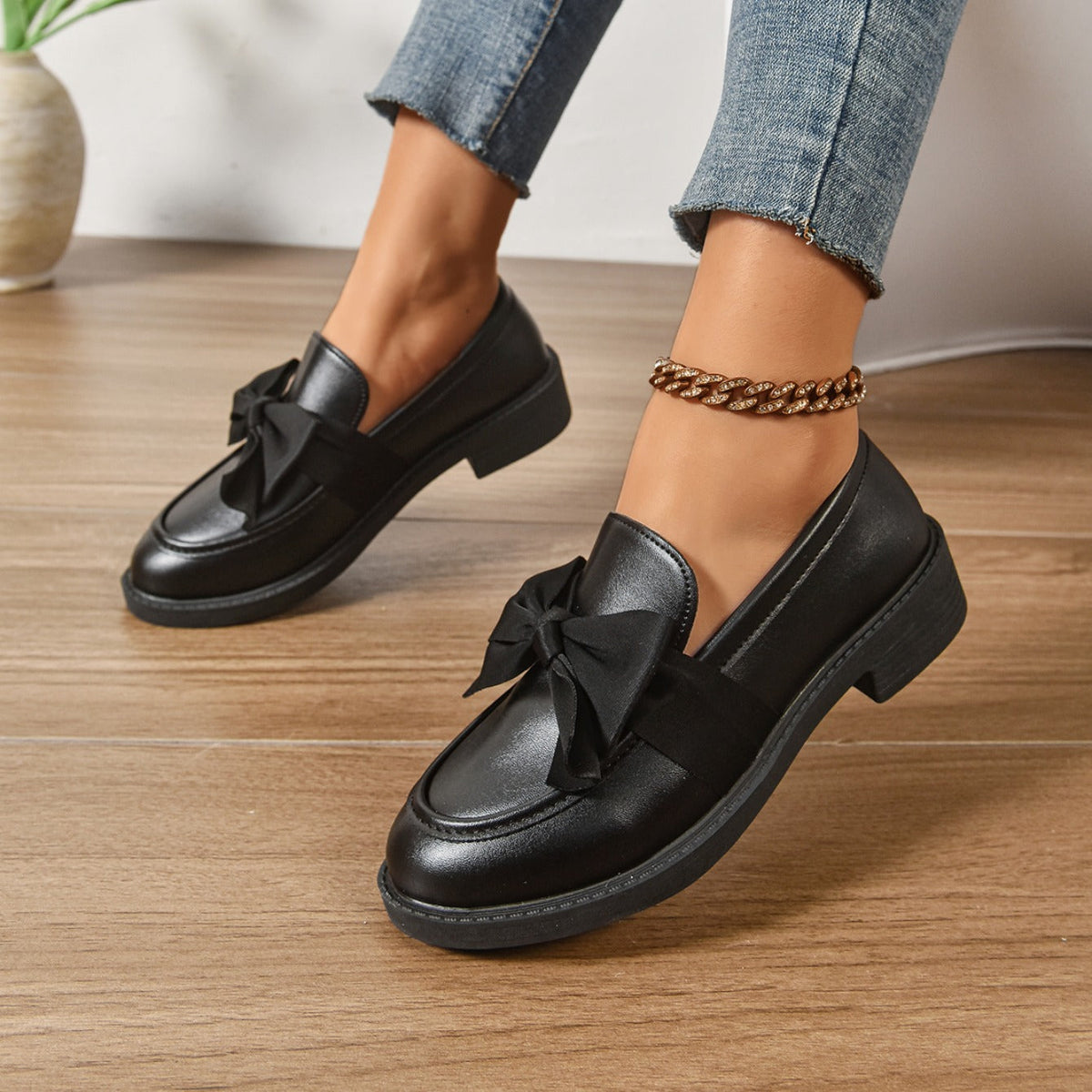 Mocassins Femme en Cuir Verni à Nœud - Chaussures à Enfiler