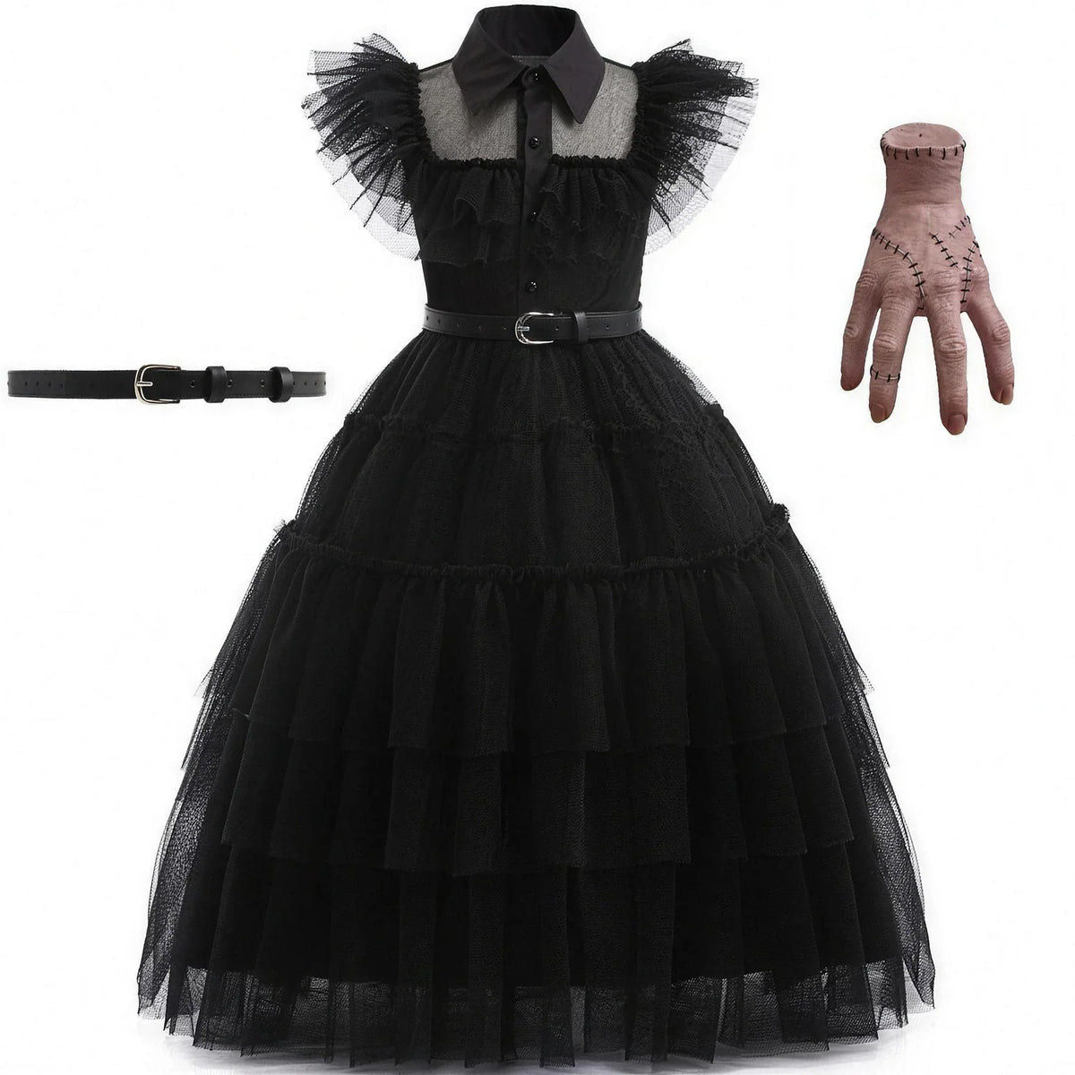 Wednesday Addams costume with novelty prop hand bundle