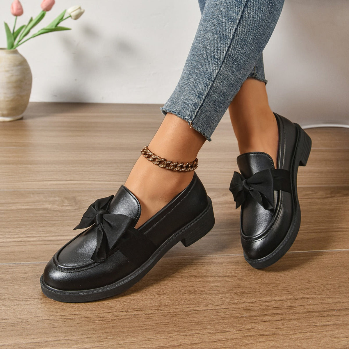 Mocassins Femme en Cuir Verni à Nœud - Chaussures à Enfiler