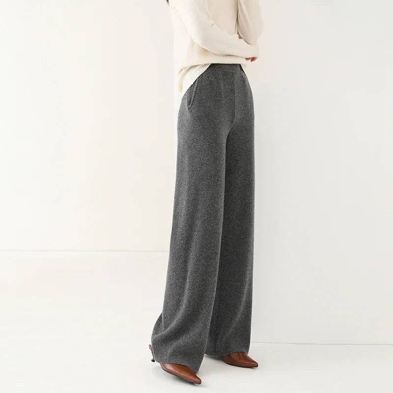 Pantalon Femme Taille Haute Jambe Large en Laine Mérinos