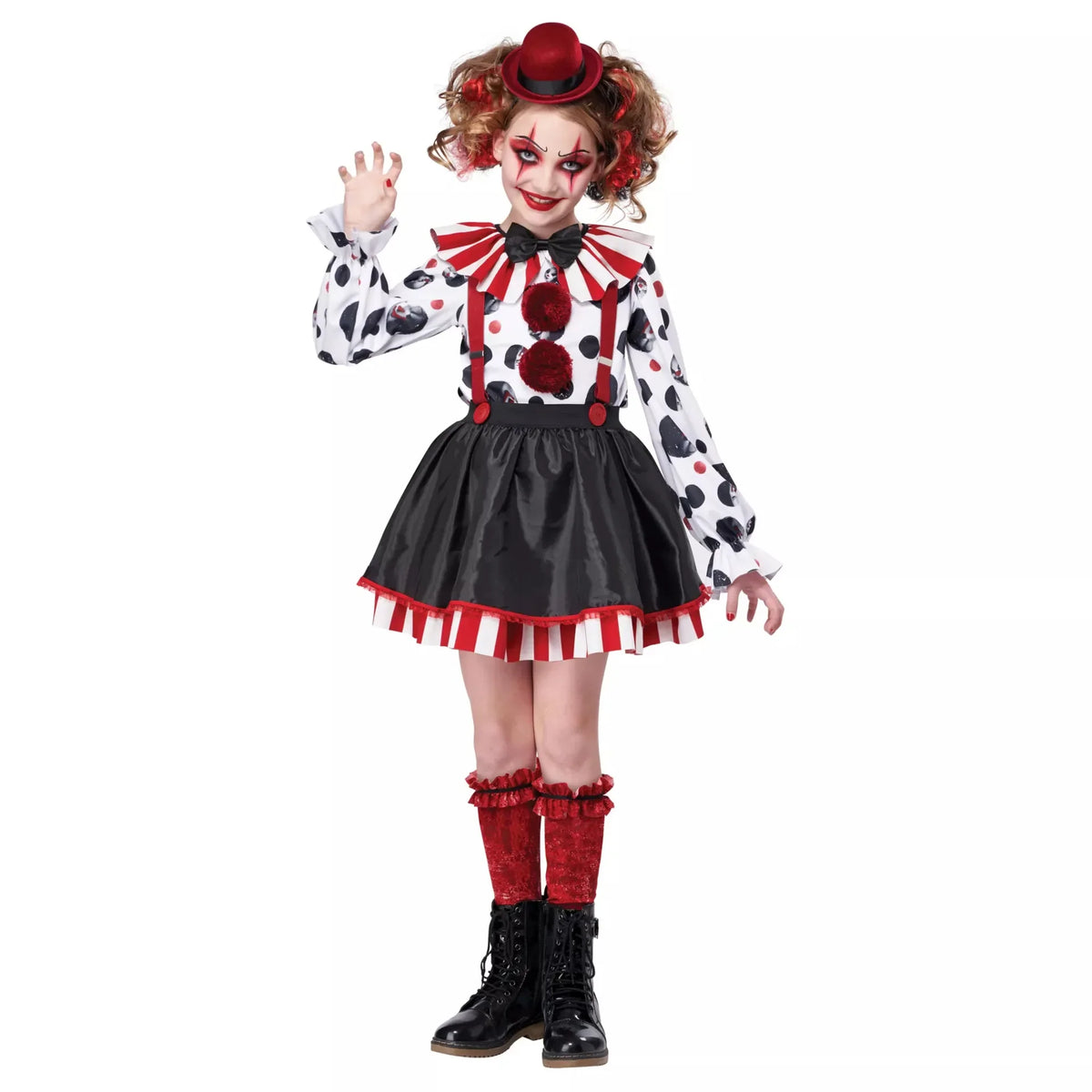 Girl wearing clown costume with black skirt and polka dot top