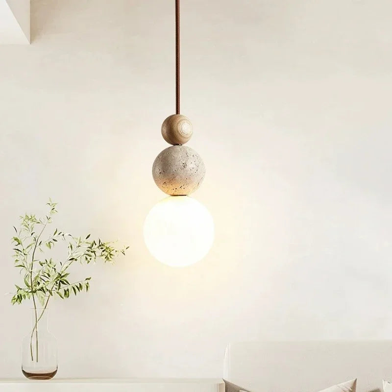 Suspension Luminaire Boule Minimaliste en Travertin, Verre et Bois