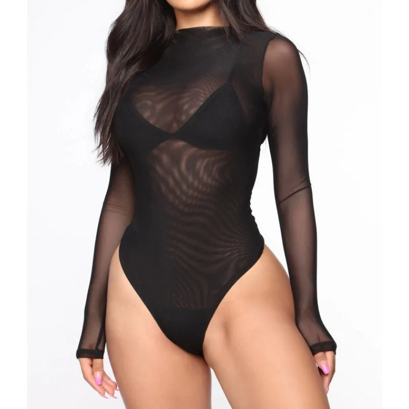 Body Femme en Résille Transparente Manches Longues et Col Montant