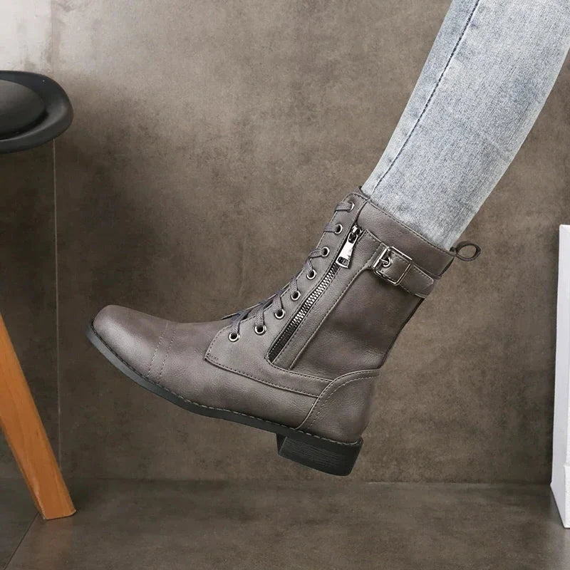 Bottines Femme à Lacets en Cuir, Tige Mi-Mollet