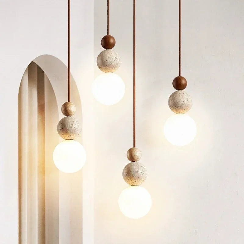 Suspension Luminaire Boule Minimaliste en Travertin, Verre et Bois