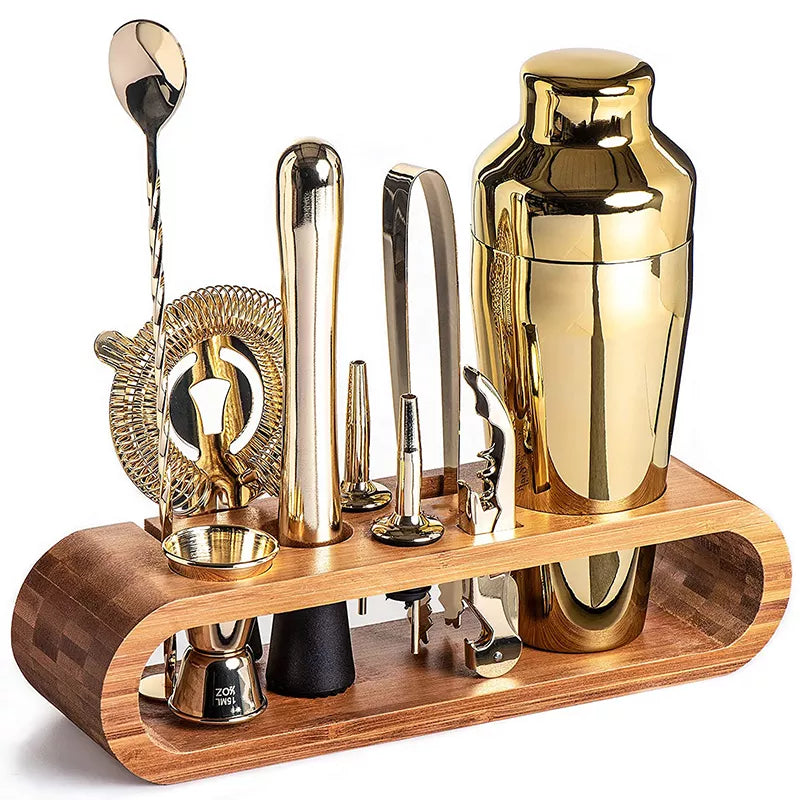 Set à Cocktail en Acier Inoxydable avec Support en Bambou