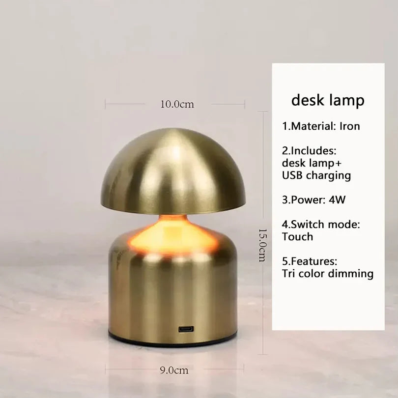 Lampe de table rechargeable – Forme champignon rétro, finition métallique pour salon ou chambre