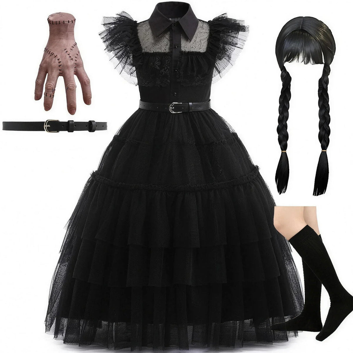 Wednesday Addams costume with braided wig, prop hand and knee socks bundle