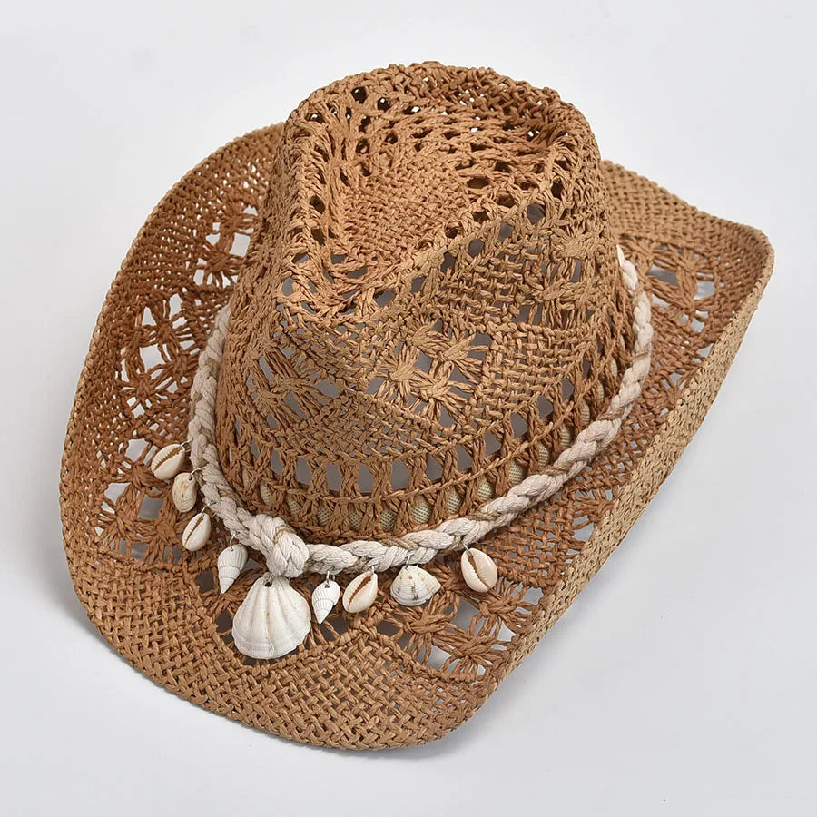 Chapeau d'Été Tressé à Bord Incurvé avec Bande Coquillages