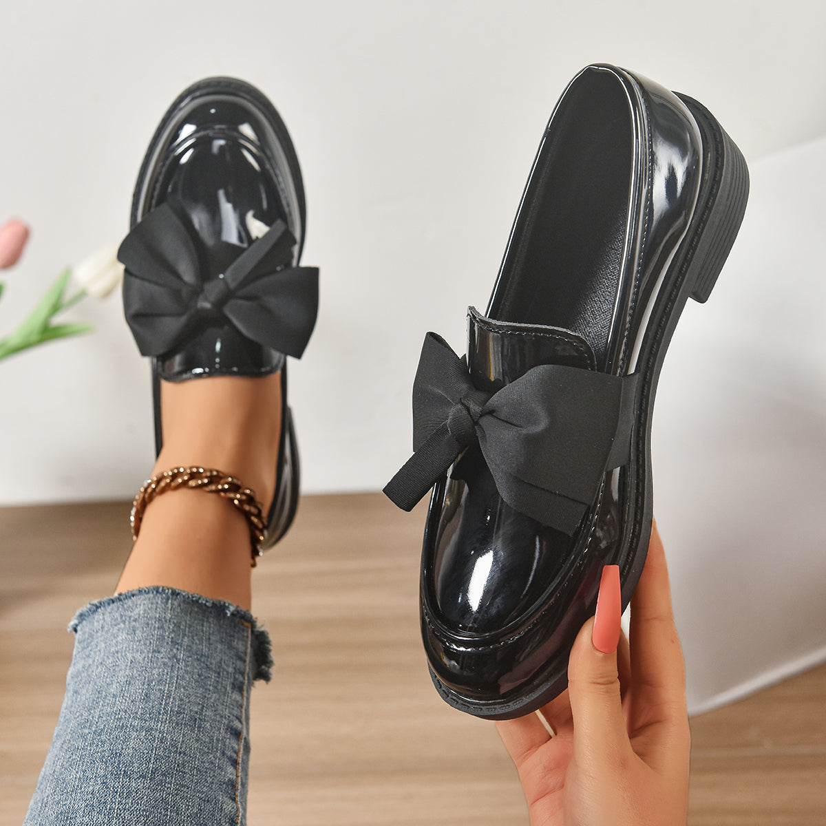 Mocassins Femme en Cuir Verni à Nœud - Chaussures à Enfiler