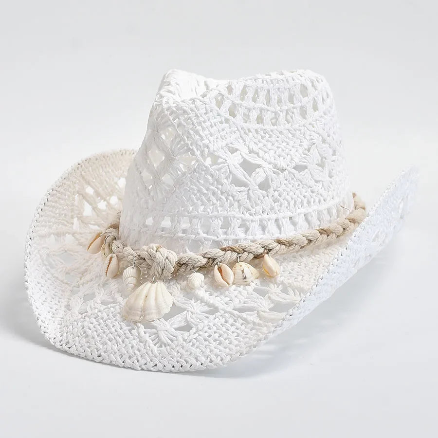 Chapeau d'Été Tressé à Bord Incurvé avec Bande Coquillages