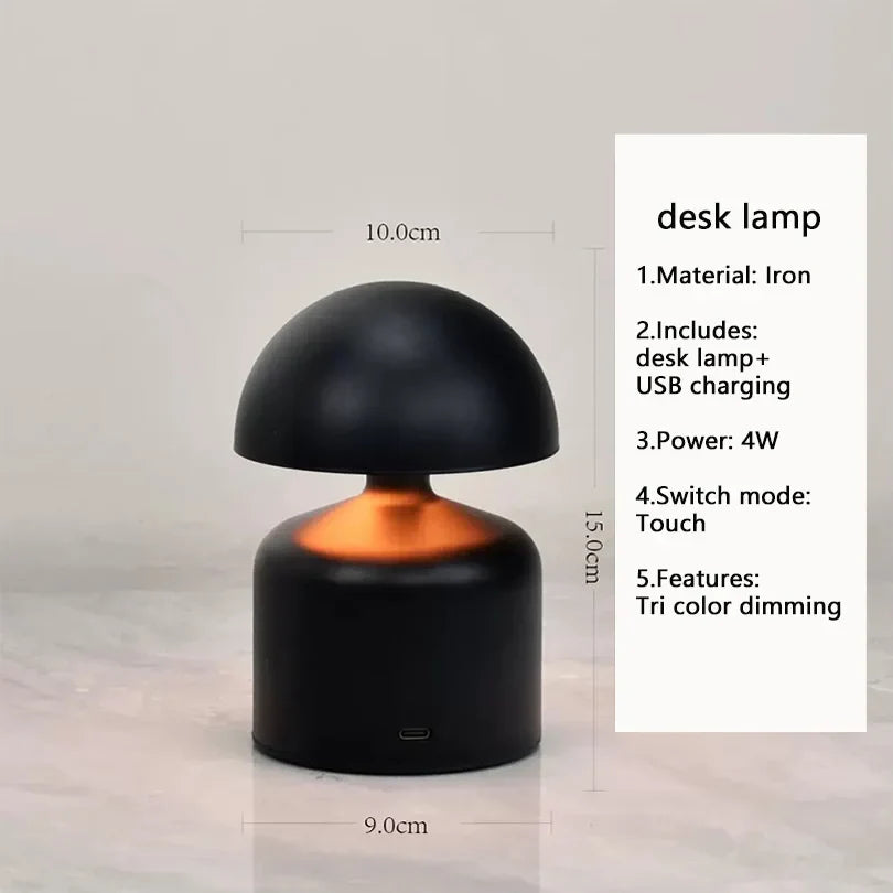 Lampe de table rechargeable – Forme champignon rétro, finition métallique pour salon ou chambre