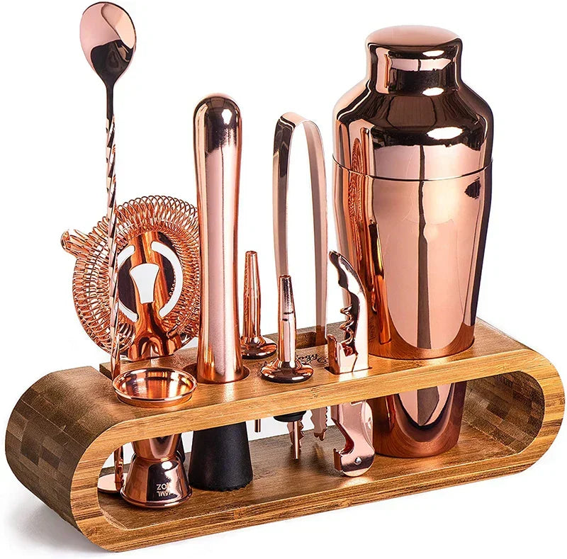 Set à Cocktail en Acier Inoxydable avec Support en Bambou