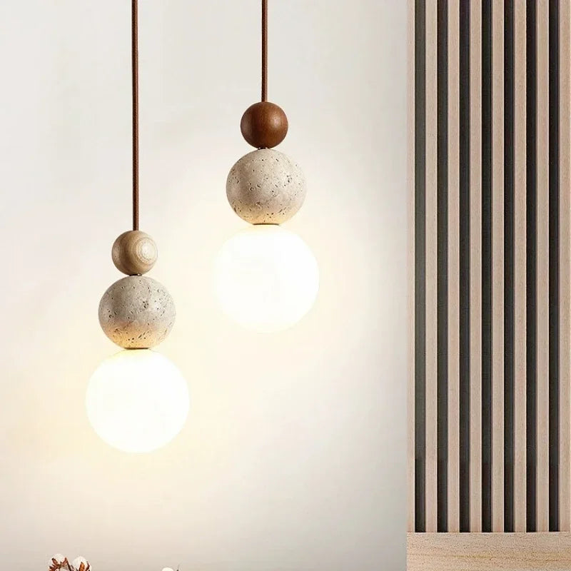 Suspension Luminaire Boule Minimaliste en Travertin, Verre et Bois