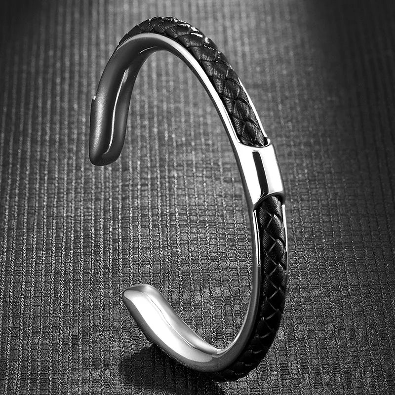 Bracelet Homme Manchette Acier Inoxydable et Cuir Tressé