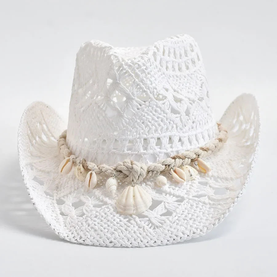 Chapeau d'Été Tressé à Bord Incurvé avec Bande Coquillages