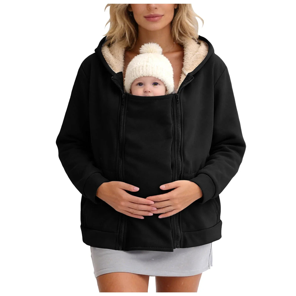 Grey plush zip-up babywearing fleece sweatshirt coat, front view with baby in pouch