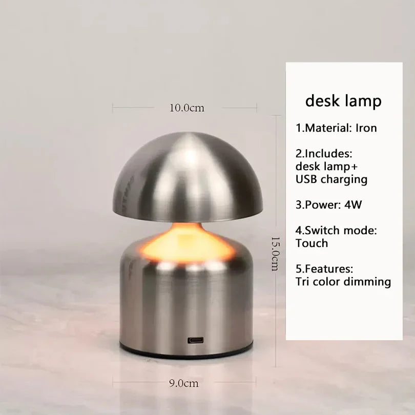 Lampe de table rechargeable – Forme champignon rétro, finition métallique pour salon ou chambre