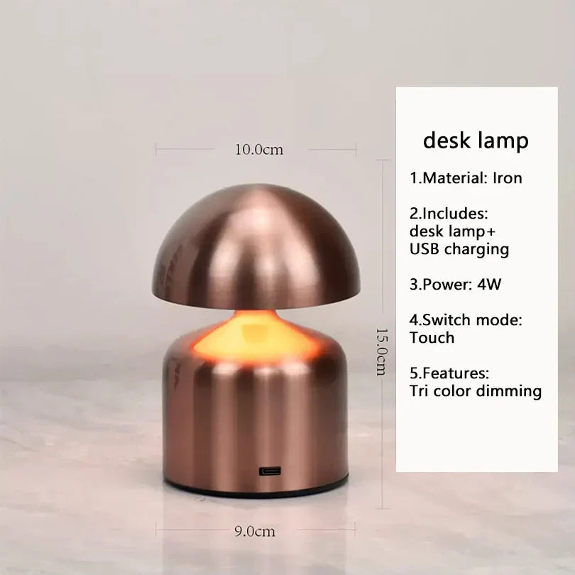 Lampe de table rechargeable – Forme champignon rétro, finition métallique pour salon ou chambre